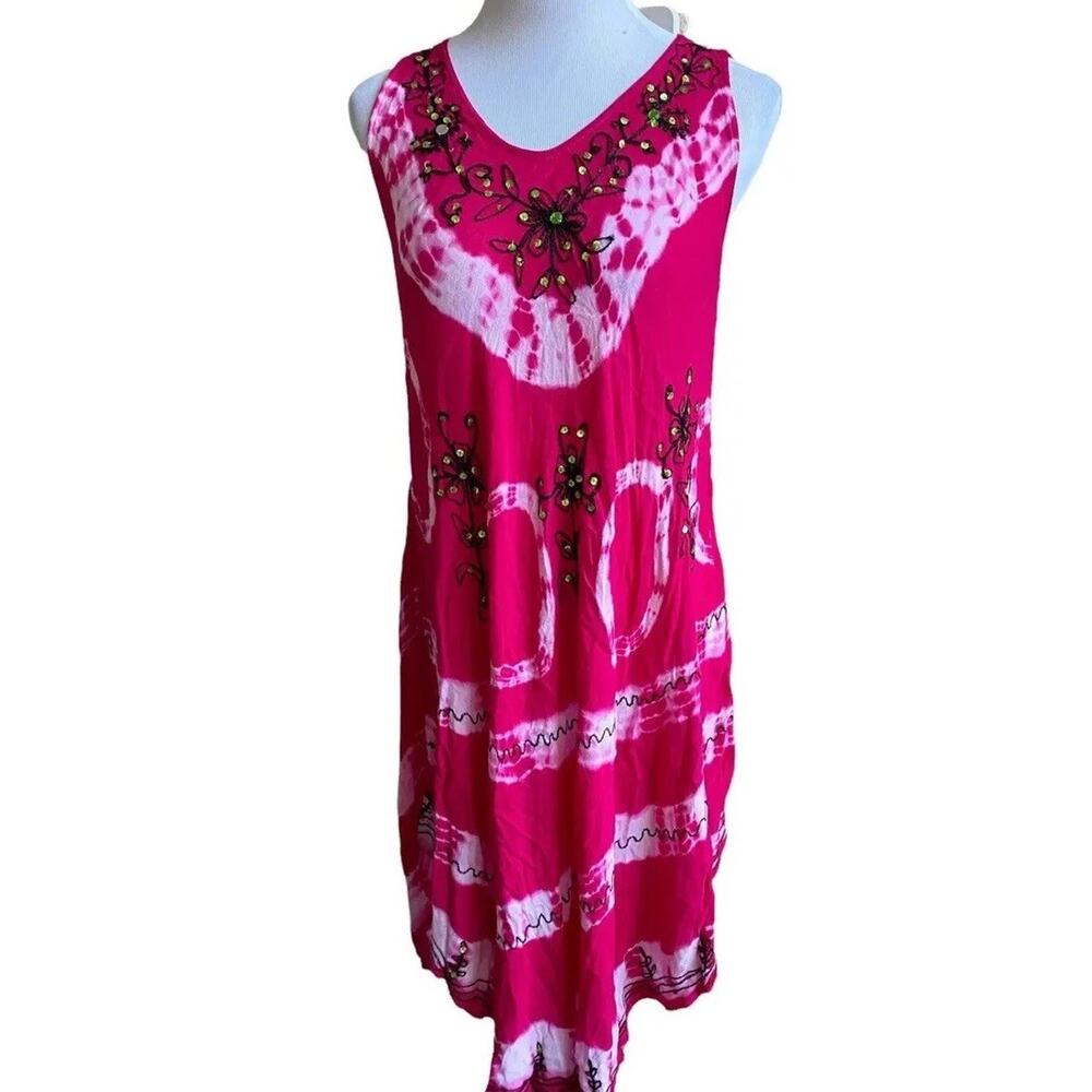Pink Tie Dye Dress Swimsuit Cover Up Boho hippy Batik Flowy Summer Women M Beach